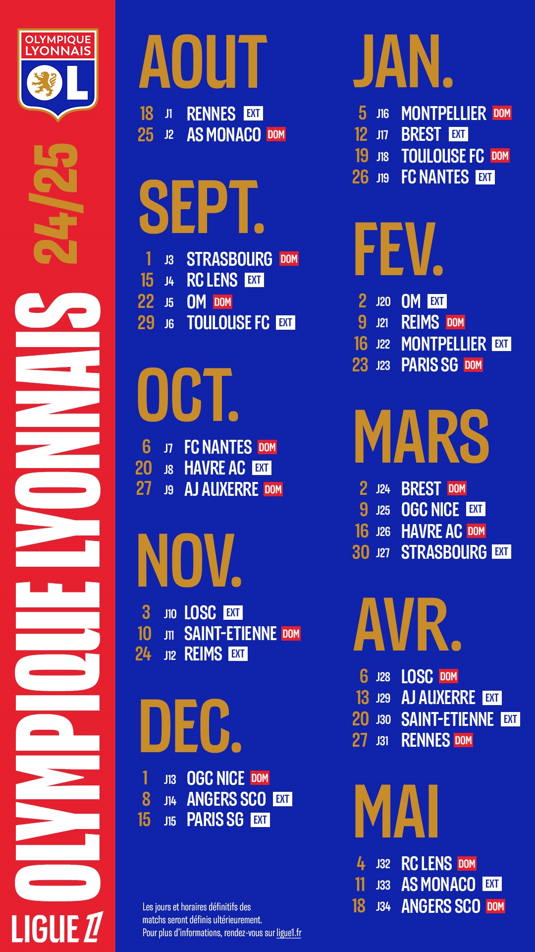 Derby, Olympico... L'OL enfin fixé sur le calendrier 2024/2025 de la