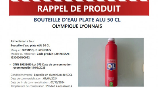 L’OL rappelle de toute urgence des bouteilles d’eau aux couleurs du club L’OL rappelle de toute urgence des bouteilles d’eau aux couleurs du club